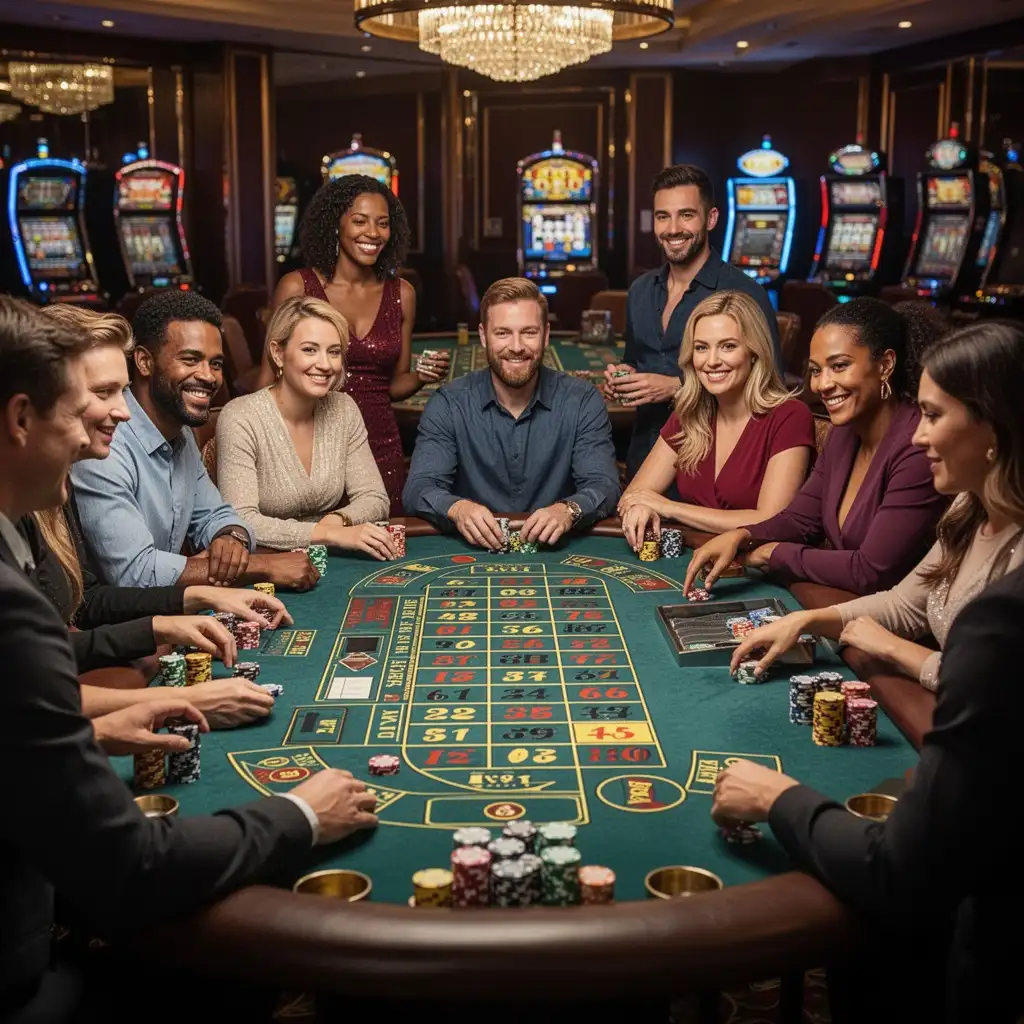 A group of diverse people enjoying a casino game around a large table.